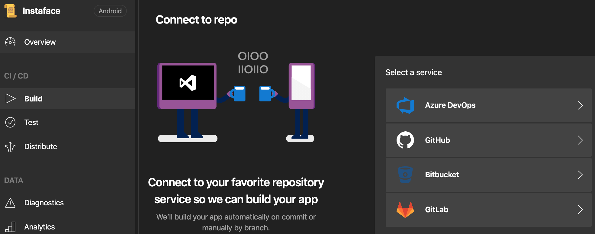 Select Build section on the left menu, then select your repository service