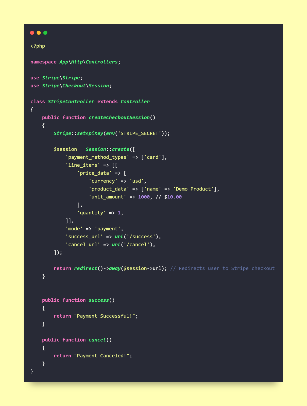 Inside app/Http/Controllers/StripeController.php, add