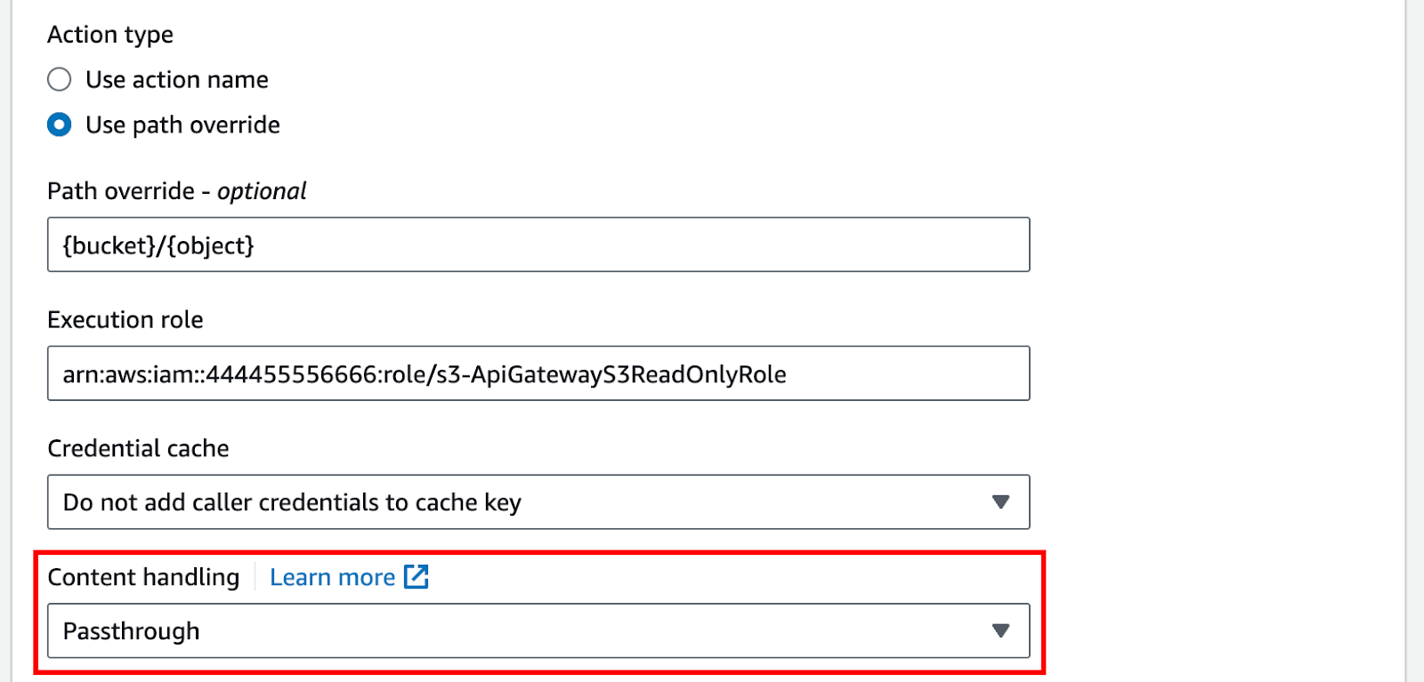 set up content handling via console. Source: AWS