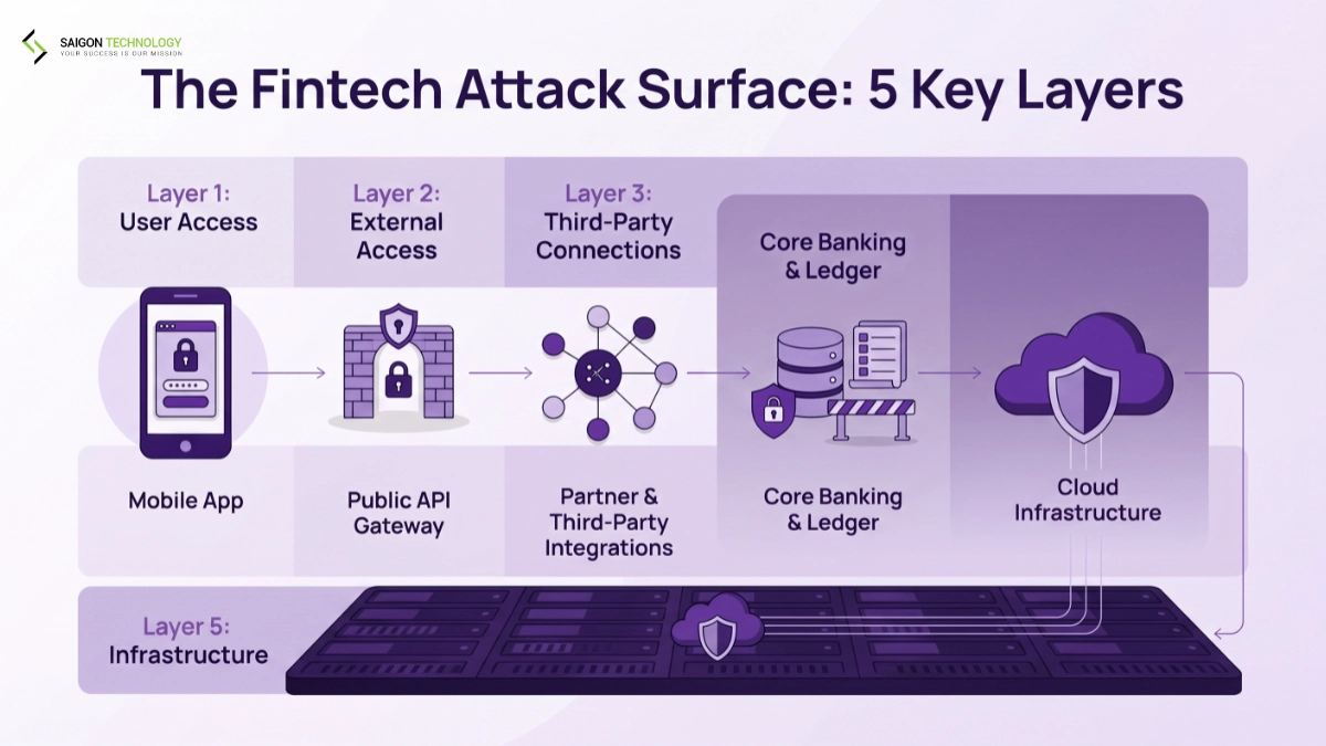 Fintech cybersecurity layers from mobile app and public APIs Diagram of fintech cybersecurity layers from mobile app and public APIs through to core ledger and cloud infrastructure