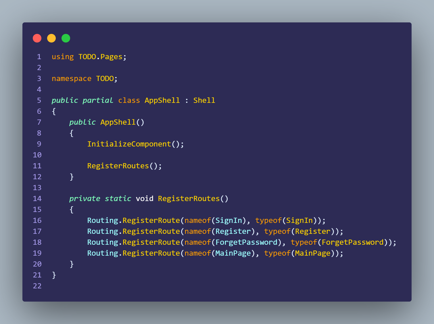 Figure 20. Example code of how to register a route