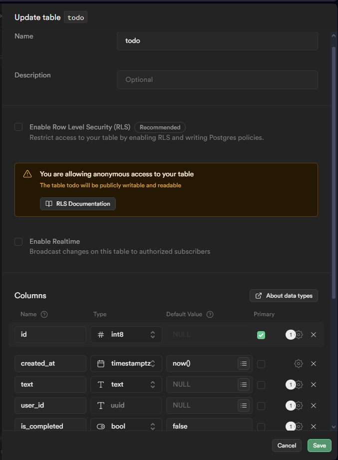 Create new table in Supabase