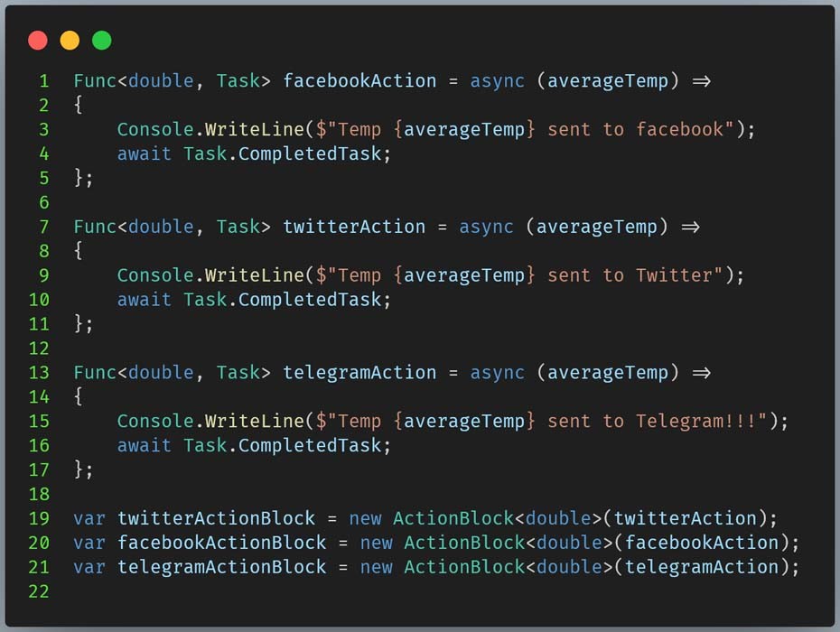 Figure 13: Creating 3 ActionBlock that simulate sending messages to media channel