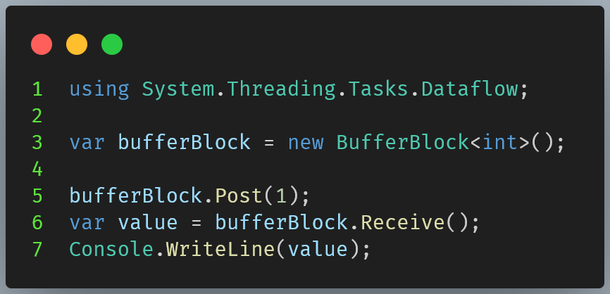 Figure 5: Example of sending and receiving a message in a TPL Dataflow block.