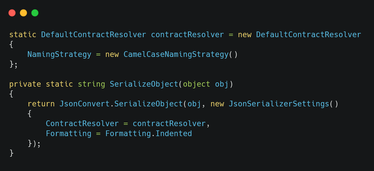 Figure 05: Setting json contract resolver to camel case and the SerializeObject helper method