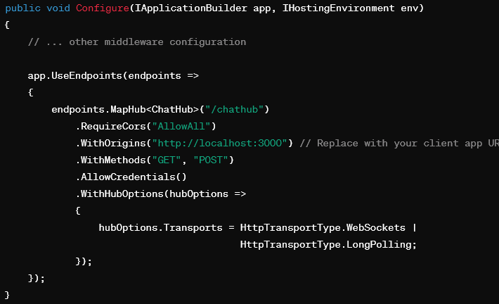 Configuring the transport type for SignalR in .NET. The default transport type is WebSocket.