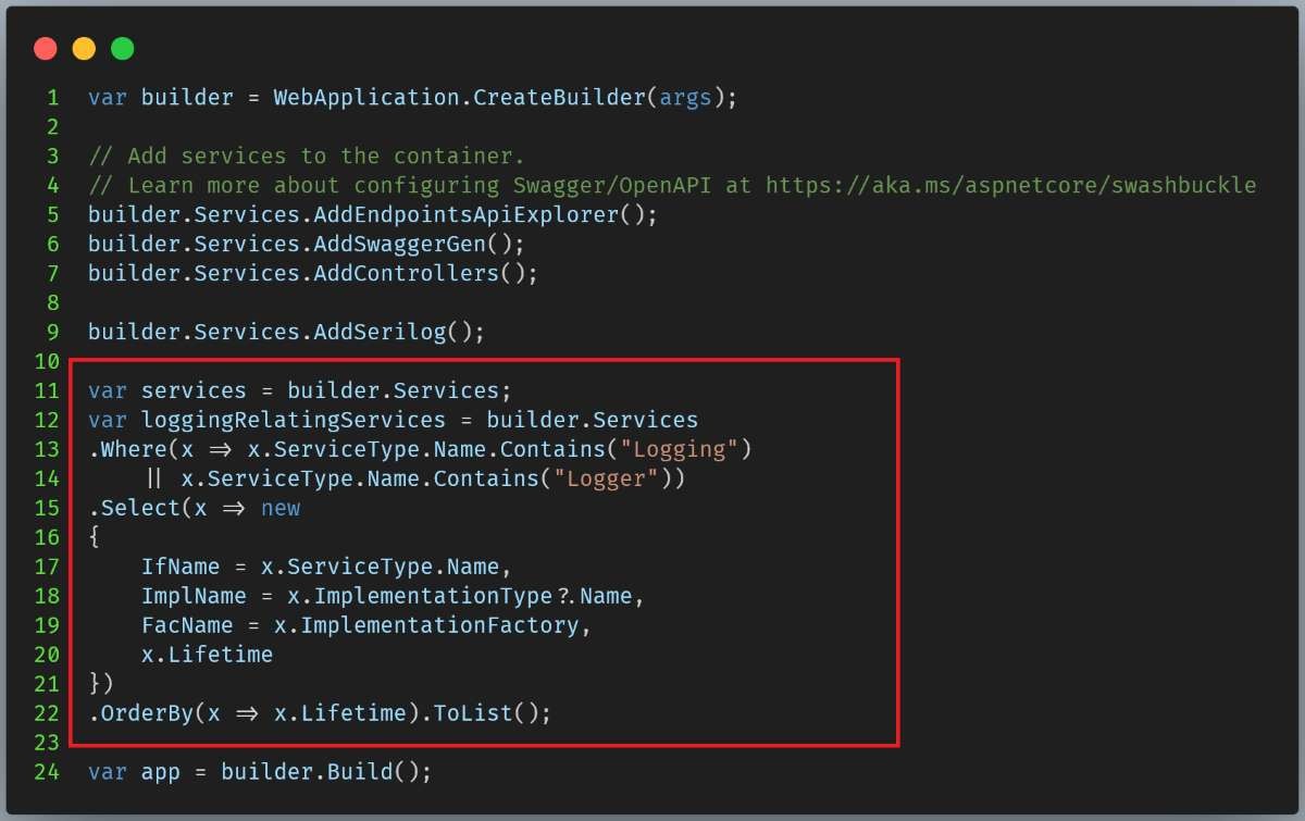 Figure 01: Code change to inspect IServiceCollection 